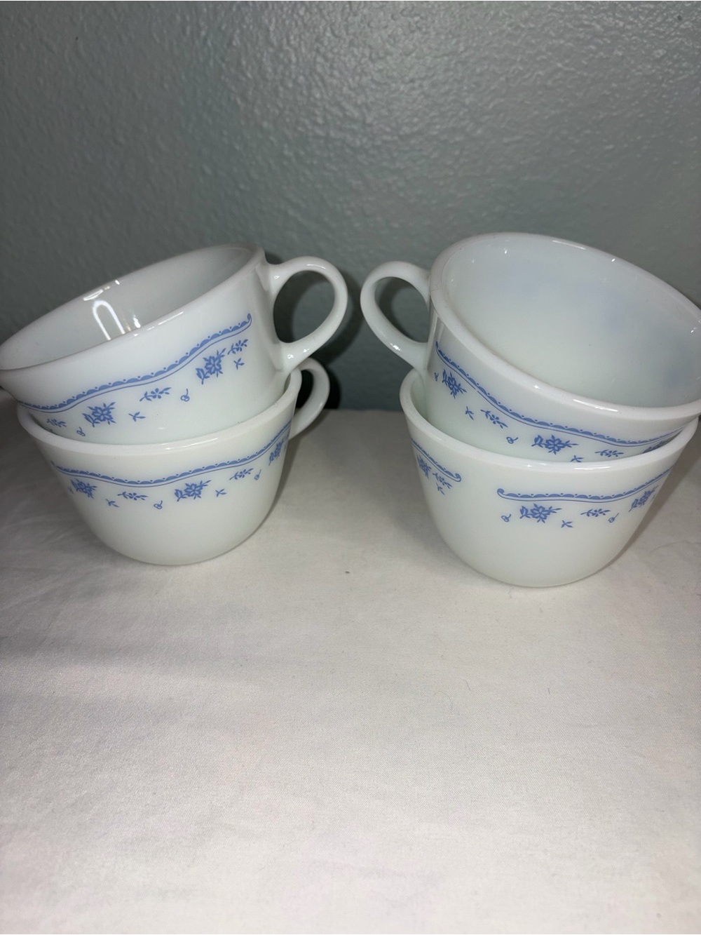 White Pyrex Milk Glass Teacups with Blue Floral Trim - Set of 4